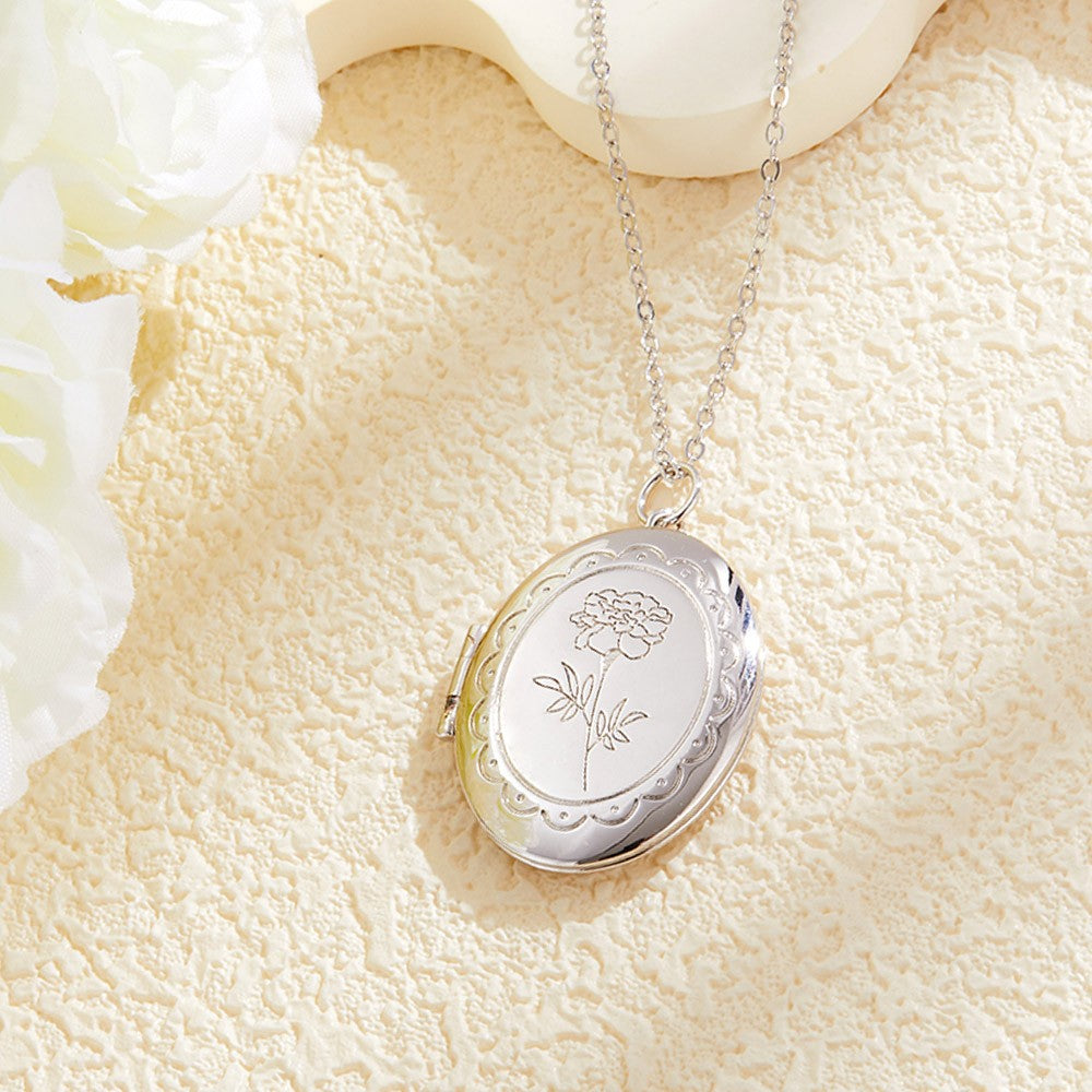 Personalized Photo & Initial Birth Flower Oval Locket Necklace, Custom Picture Oval Necklace, Birthday/Anniversary/Mother's Day Gift for Mom/Her