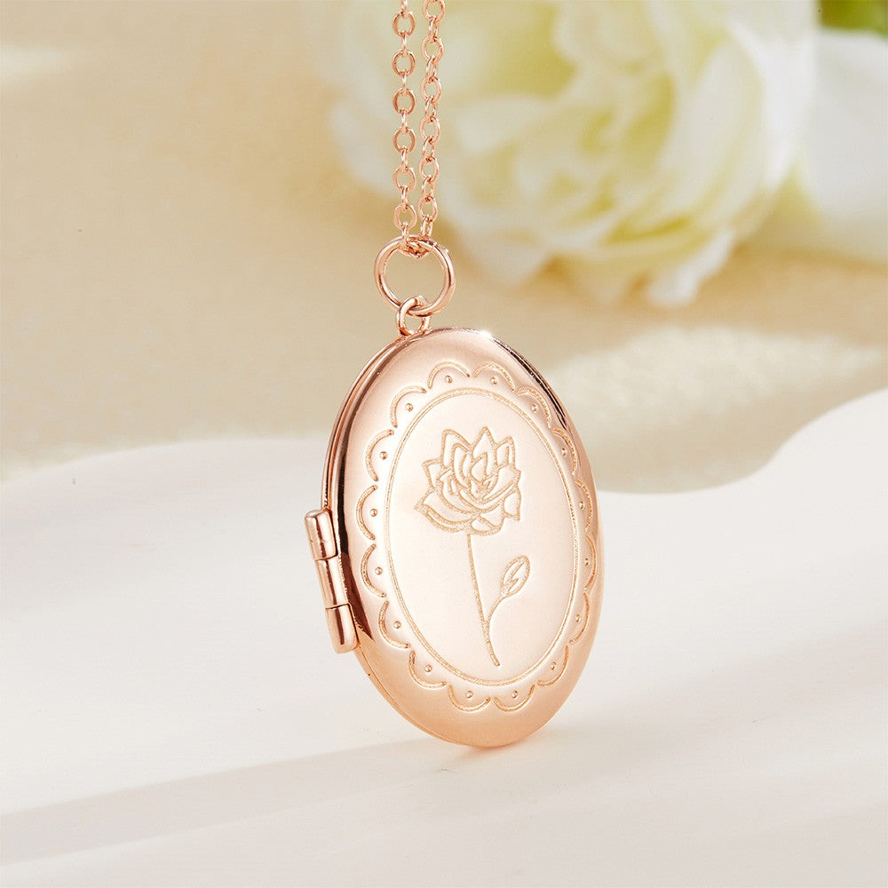 Personalized Photo & Initial Birth Flower Oval Locket Necklace, Custom Picture Oval Necklace, Birthday/Anniversary/Mother's Day Gift for Mom/Her