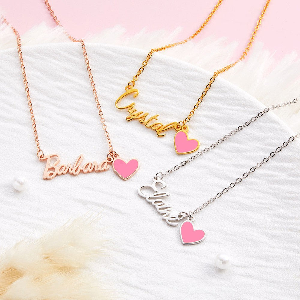 Personalized Name Necklace with Pink Heart, Pink Doll Name Necklace, Sterling Silver 925 Women's Jewelry, Birthday/Anniversary Gift for Her/Lover/Friends