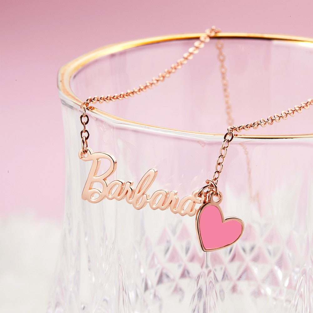 Personalized Name Necklace with Pink Heart, Pink Doll Name Necklace, Sterling Silver 925 Women's Jewelry, Birthday/Anniversary Gift for Her/Lover/Friends