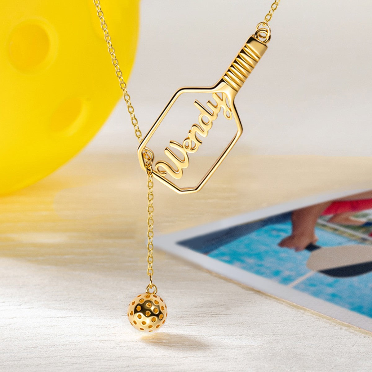 Personalized Name Pickleball Lariat Paddle & Ball Necklace, Sterling Silver 925 Sports Jewelry, Gift for Pickleball Lovers/Family/Friends