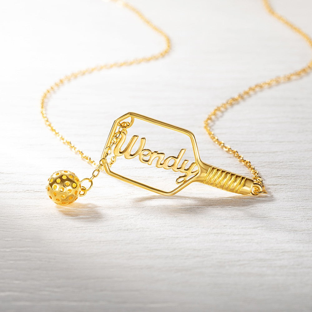 Personalized Name Pickleball Lariat Paddle & Ball Necklace, Sterling Silver 925 Sports Jewelry, Gift for Pickleball Lovers/Family/Friends
