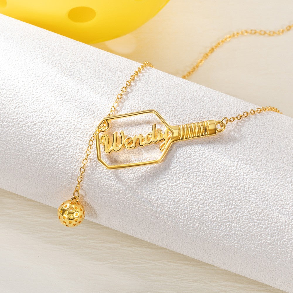 Personalized Name Pickleball Lariat Paddle & Ball Necklace, Sterling Silver 925 Sports Jewelry, Gift for Pickleball Lovers/Family/Friends