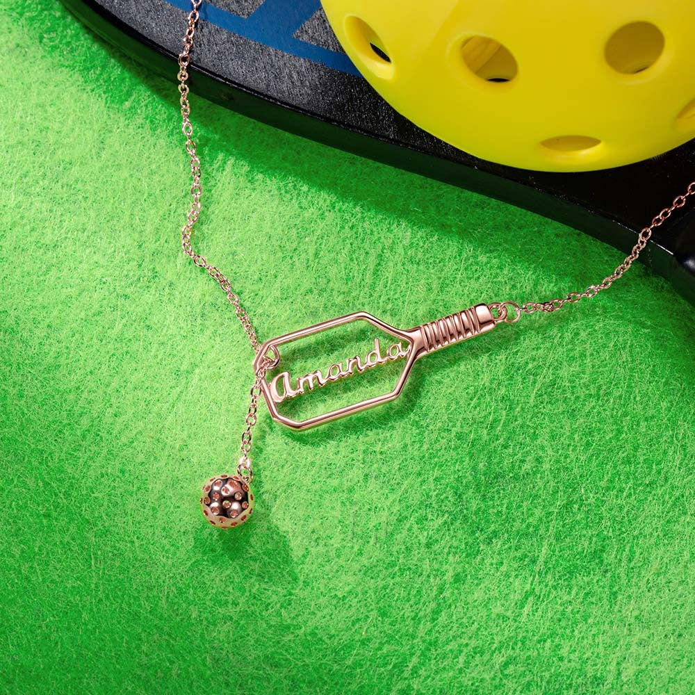 Personalized Name Pickleball Lariat Paddle & Ball Necklace, Sterling Silver 925 Sports Jewelry, Gift for Pickleball Lovers/Family/Friends