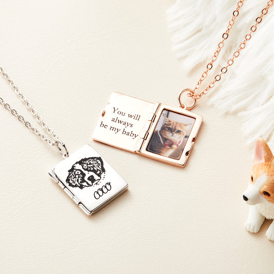 Custom Pet Portrait Book Locket Necklace, Personalized Pet Photo Engraved Locket Necklace, Pet Memorial Jewelry, Gift for Pet Lover/Pet Owner