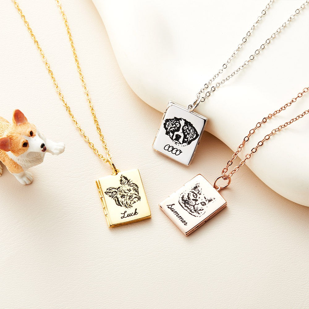 Custom Pet Portrait Book Locket Necklace, Personalized Pet Photo Engraved Locket Necklace, Pet Memorial Jewelry, Gift for Pet Lover/Pet Owner