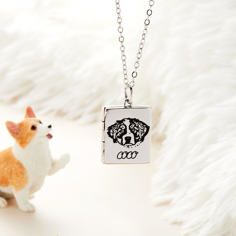 Custom Pet Portrait Book Locket Necklace, Personalized Pet Photo Engraved Locket Necklace, Pet Memorial Jewelry, Gift for Pet Lover/Pet Owner