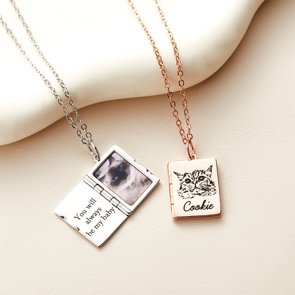 Custom Pet Portrait Book Locket Necklace, Personalized Pet Photo Engraved Locket Necklace, Pet Memorial Jewelry, Gift for Pet Lover/Pet Owner