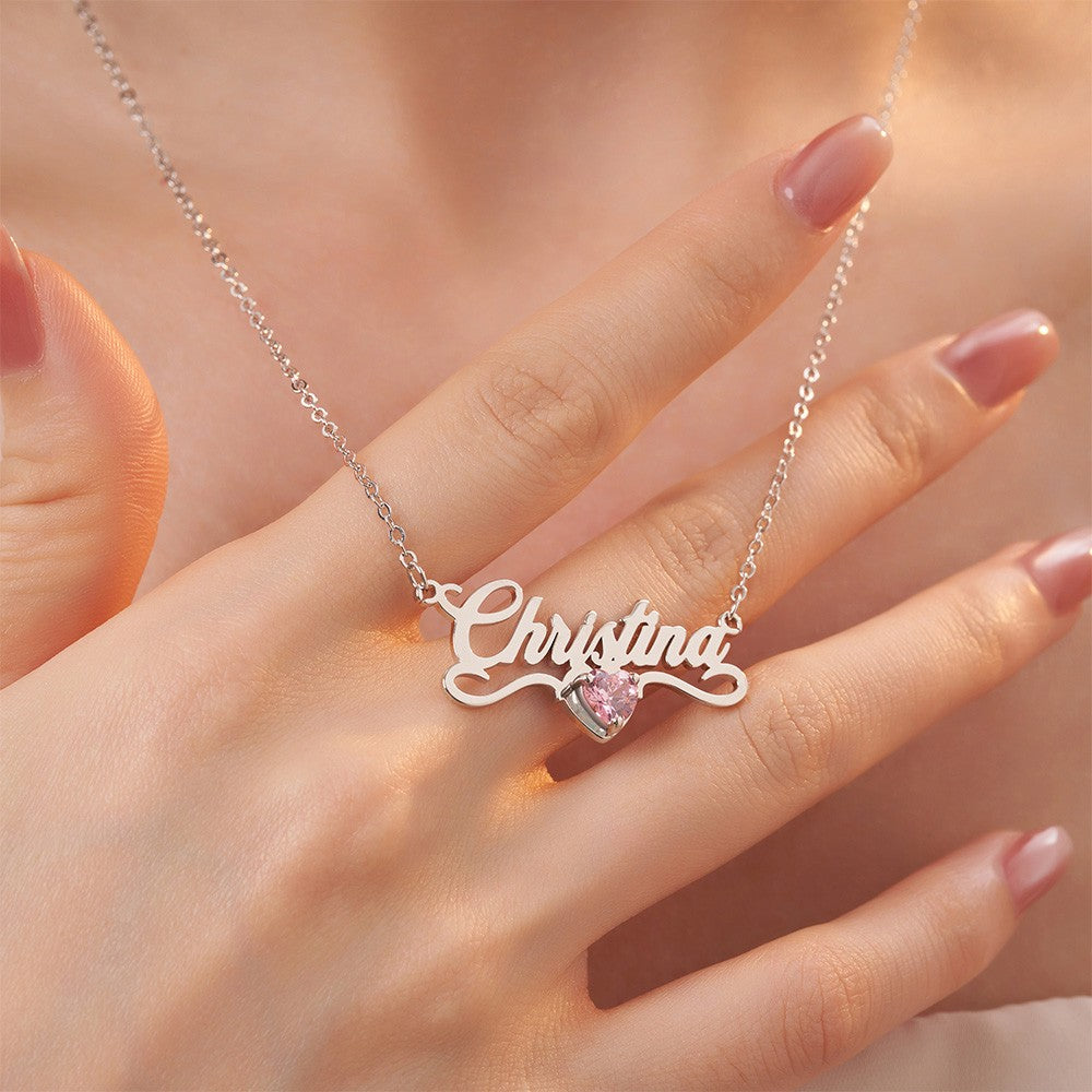 Personalized Minimalist Name Necklace with Heart Birthstone, Valentine's Day/Birthday/Anniversary/Christmas Gift for Her
