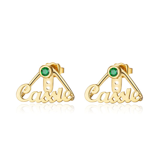 Custom Name Birthstone Earrings, Birthstone Wrap Cuff Earrings with Name Charm, Minimalist Jewelry, Birthday/Mother's Day/Anniversary Gift for Her