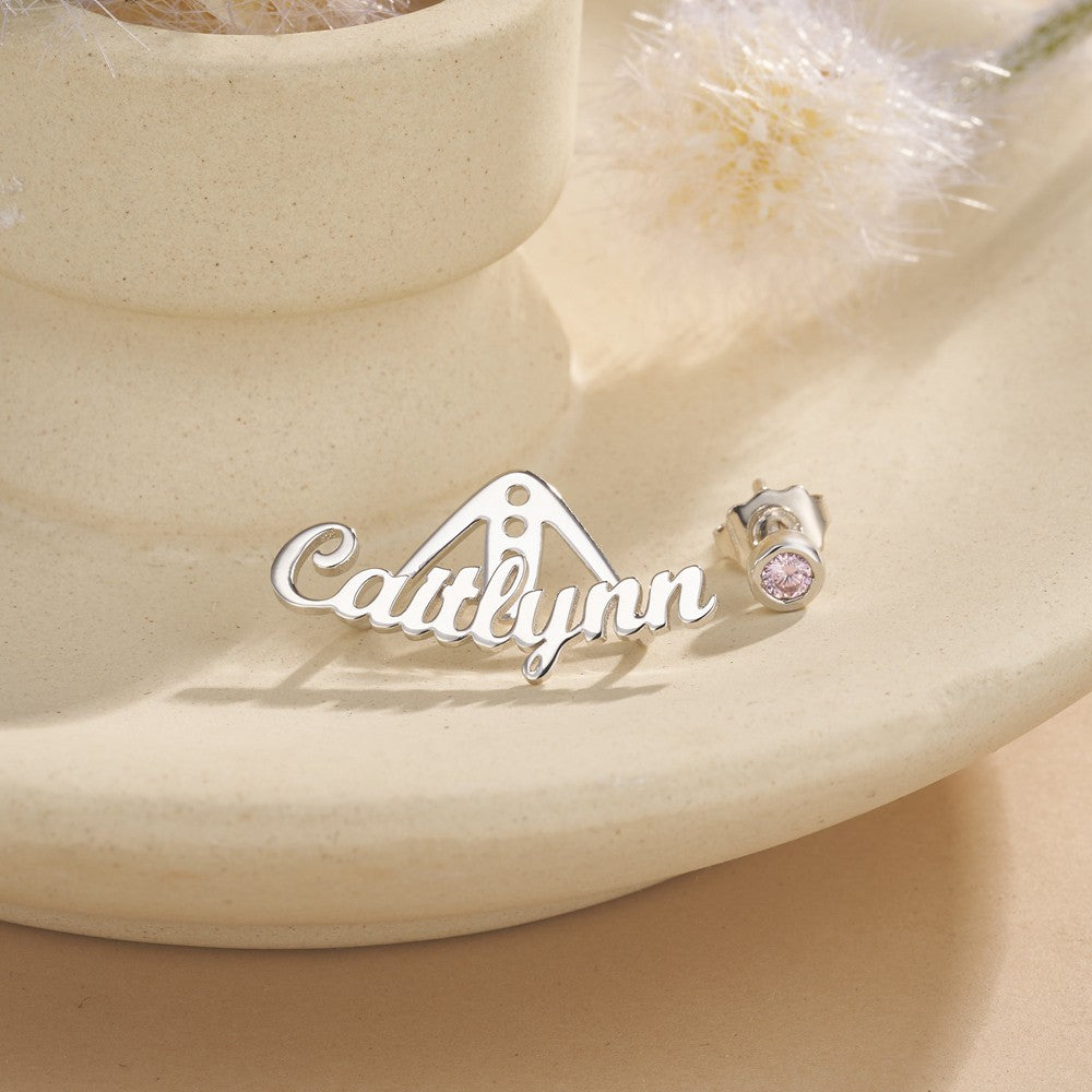 Custom Name Birthstone Earrings, Birthstone Wrap Cuff Earrings with Name Charm, Minimalist Jewelry, Birthday/Mother's Day/Anniversary Gift for Her