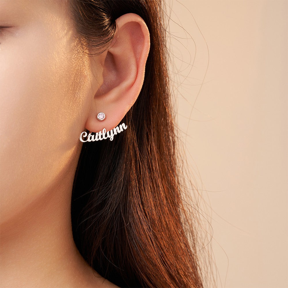Custom Name Birthstone Earrings, Birthstone Wrap Cuff Earrings with Name Charm, Minimalist Jewelry, Birthday/Mother's Day/Anniversary Gift for Her