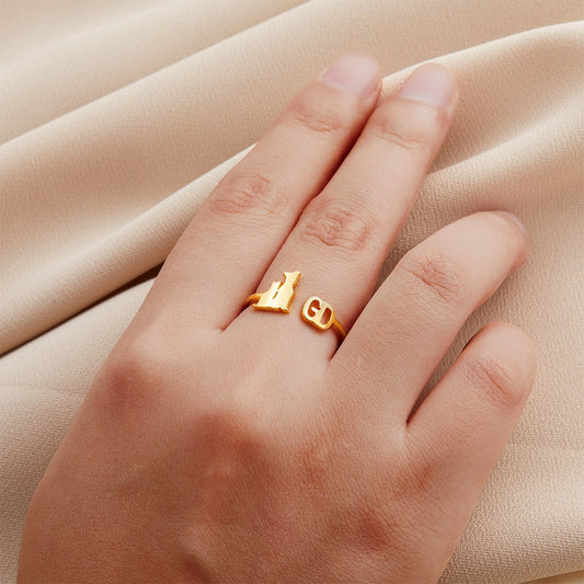 Personalized Pet Initial Ring, Open Letter Ring, Custom Dog Mom Gift, Cat/Horse/Rabbit/Bird/Fish Ring for Women, Memorial Jewelry, Gift for Pet Loss