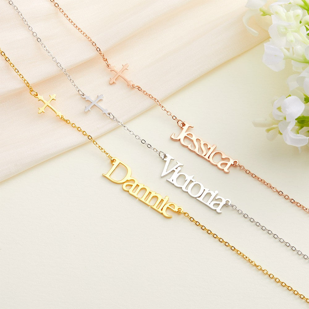 Personalized Sideway Name Cross Necklace, Minimalist Sterling Silver Cross Jewelry, 1st Communion Gift, Birthday/Mother's Day Gift for Her/Mom