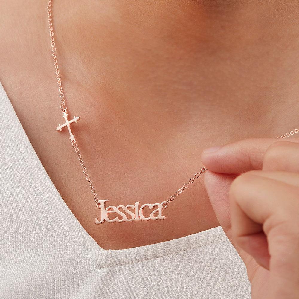 Personalized Sideway Name Cross Necklace, Minimalist Sterling Silver Cross Jewelry, 1st Communion Gift, Birthday/Mother's Day Gift for Her/Mom