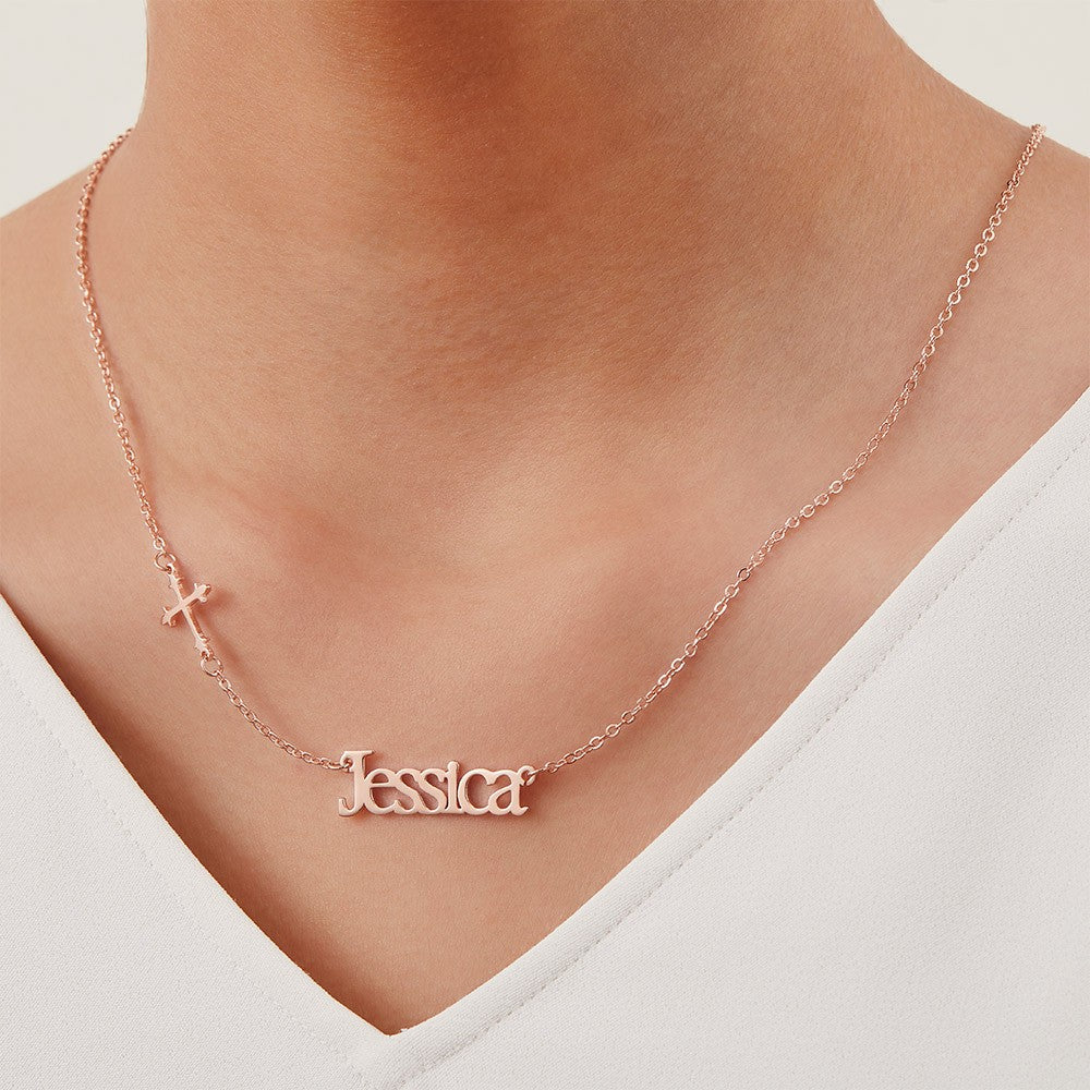 Personalized Sideway Name Cross Necklace, Minimalist Sterling Silver Cross Jewelry, 1st Communion Gift, Birthday/Mother's Day Gift for Her/Mom