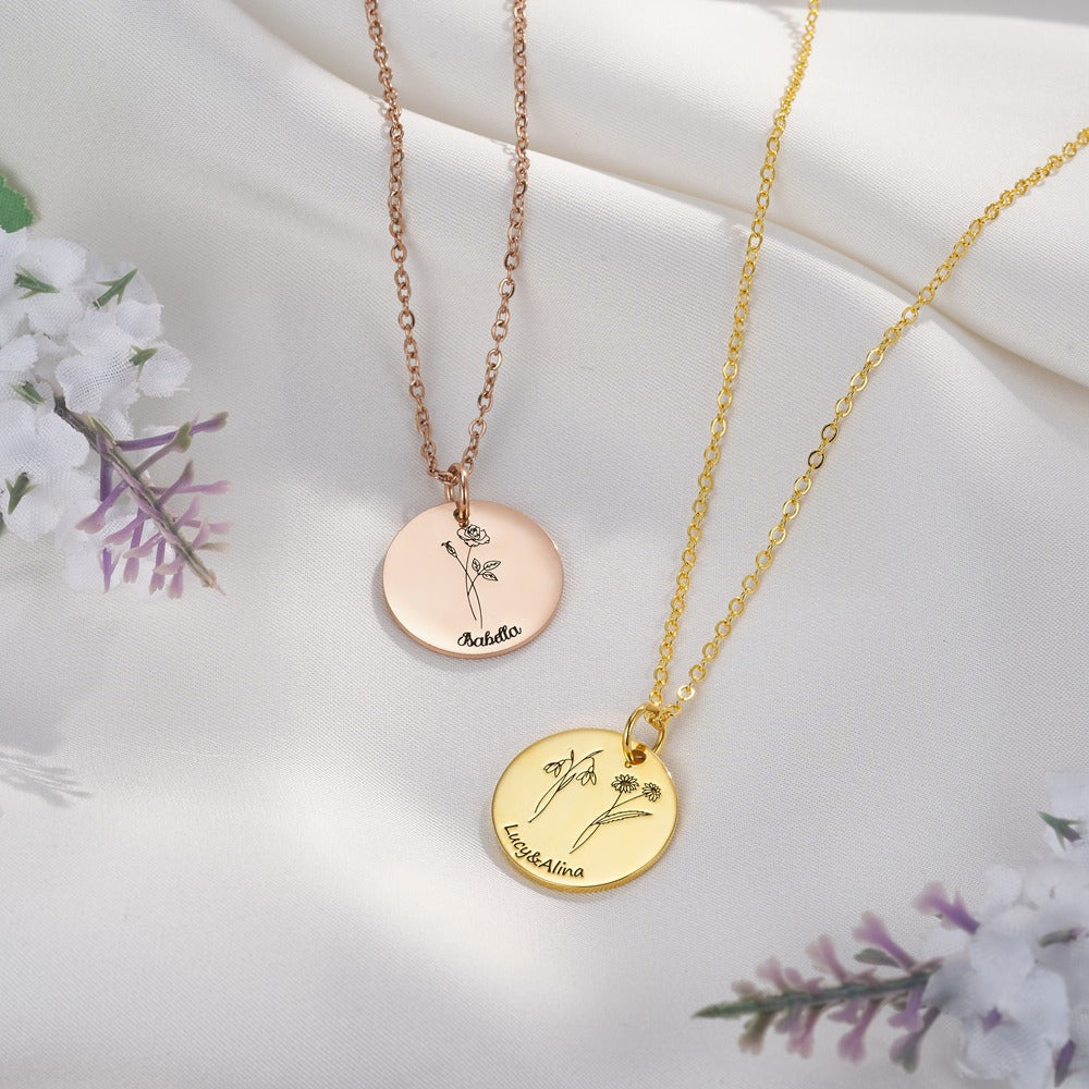 Personalized Birth Flower Necklace with Engraved 1-3 Name, Minimalist Jewelry, Christmas/Birthday/Mother's Day Gift for Sisters/Best Friends/Mom/Her