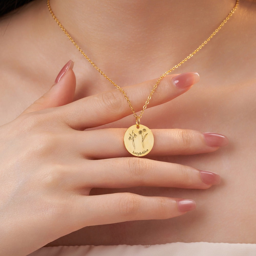 Personalized Birth Flower Necklace with Engraved 1-3 Name, Minimalist Jewelry, Christmas/Birthday/Mother's Day Gift for Sisters/Best Friends/Mom/Her
