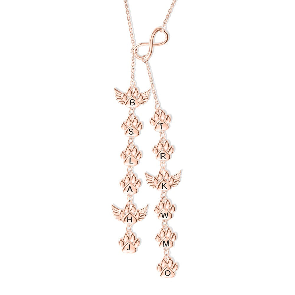 Personalized 1-12 Paws Print Infinity Necklace with Angel Wing, Engraved Necklace with Initial, Memorial Gift, Gift for Dog Mom/Pet Lover/Her