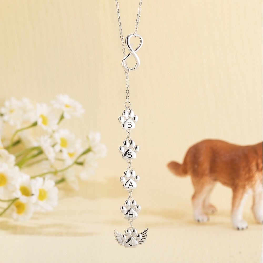 Personalized 1-12 Paws Print Infinity Necklace with Angel Wing, Engraved Necklace with Initial, Memorial Gift, Gift for Dog Mom/Pet Lover/Her