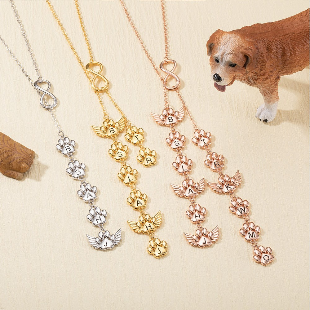 Personalized 1-12 Paws Print Infinity Necklace with Angel Wing, Engraved Necklace with Initial, Memorial Gift, Gift for Dog Mom/Pet Lover/Her