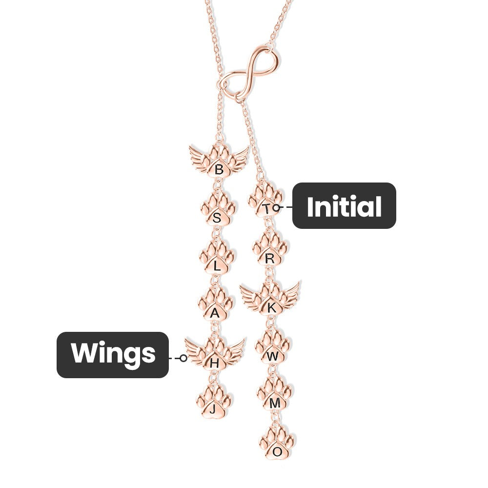 Personalized 1-12 Paws Print Infinity Necklace with Angel Wing, Engraved Necklace with Initial, Memorial Gift, Gift for Dog Mom/Pet Lover/Her