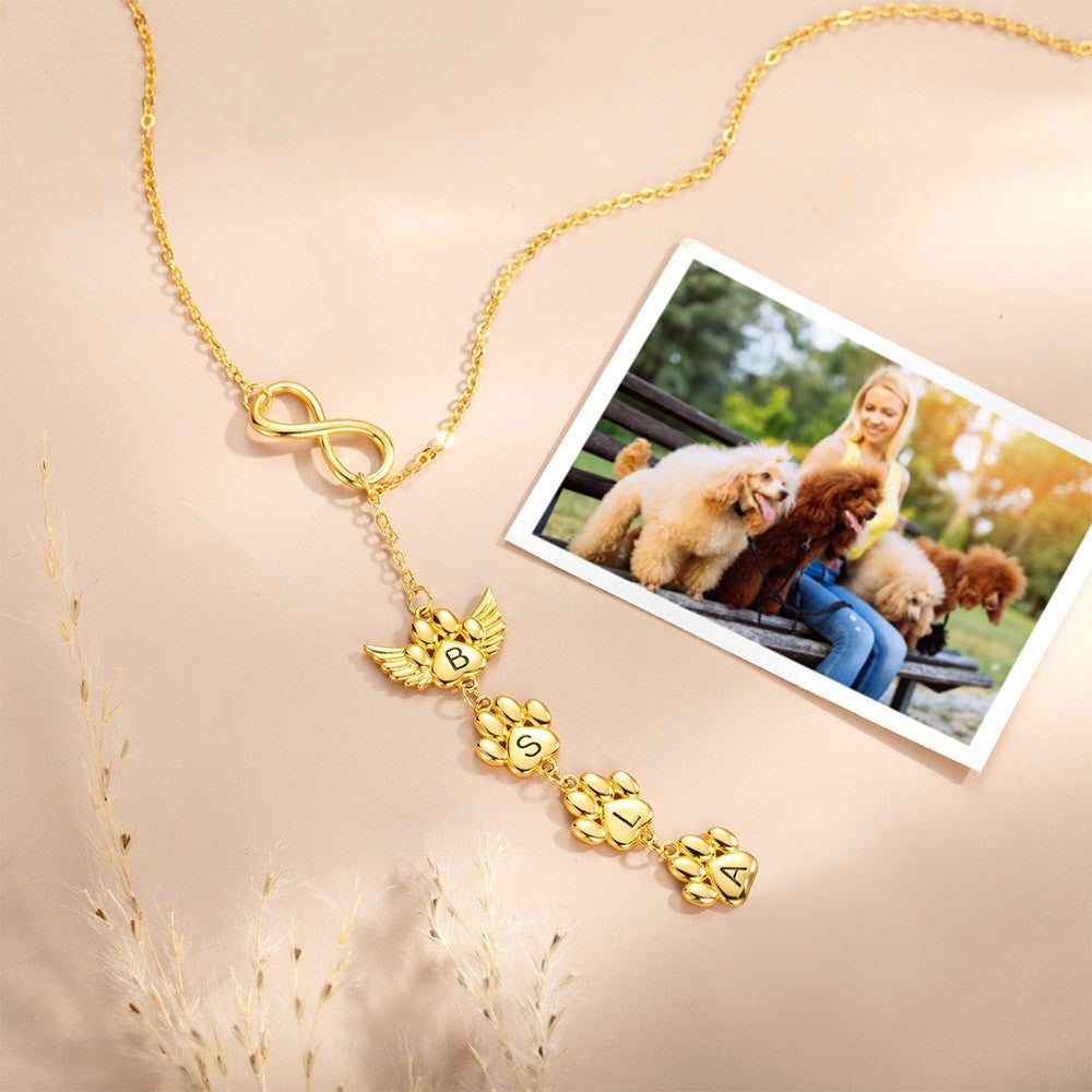 Personalized 1-12 Paws Print Infinity Necklace with Angel Wing, Engraved Necklace with Initial, Memorial Gift, Gift for Dog Mom/Pet Lover/Her