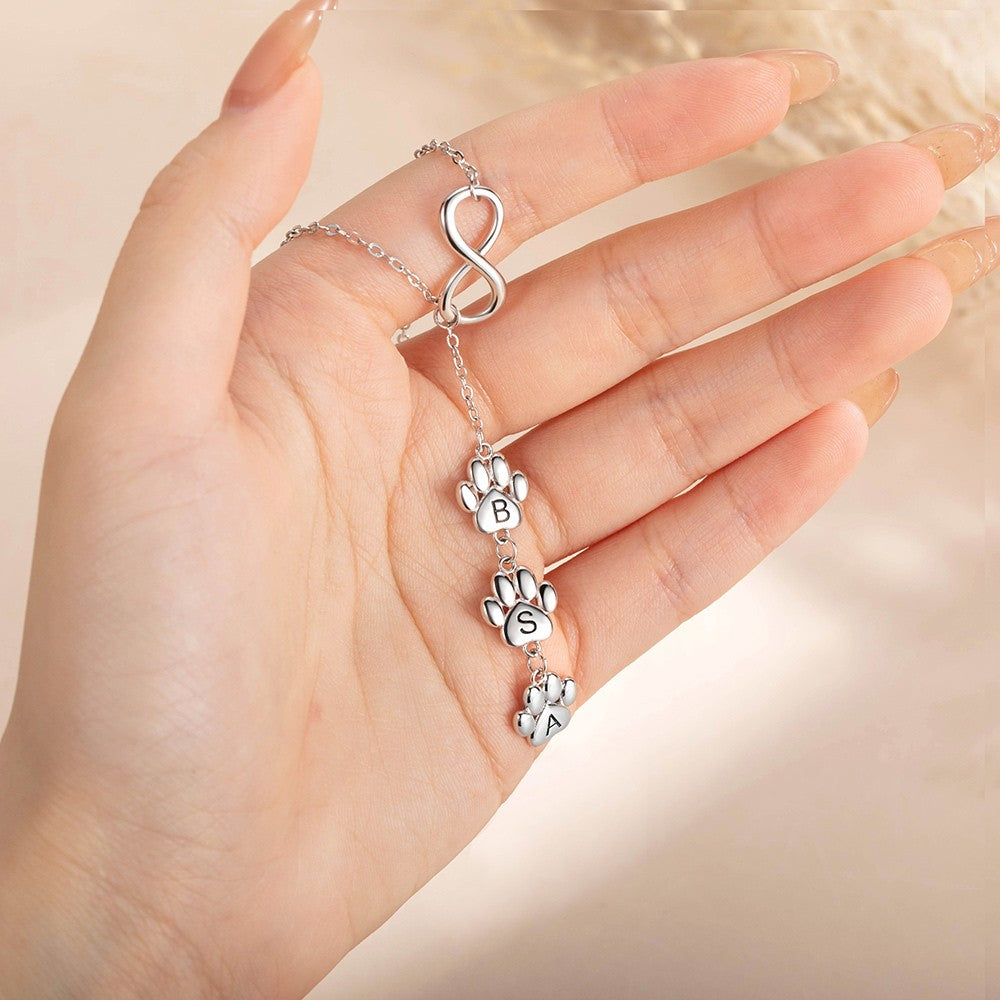 Personalized 1-12 Paws Print Infinity Necklace with Angel Wing, Engraved Necklace with Initial, Memorial Gift, Gift for Dog Mom/Pet Lover/Her