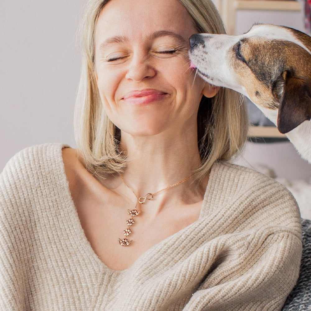 Personalized 1-12 Paws Print Infinity Necklace with Angel Wing, Engraved Necklace with Initial, Memorial Gift, Gift for Dog Mom/Pet Lover/Her