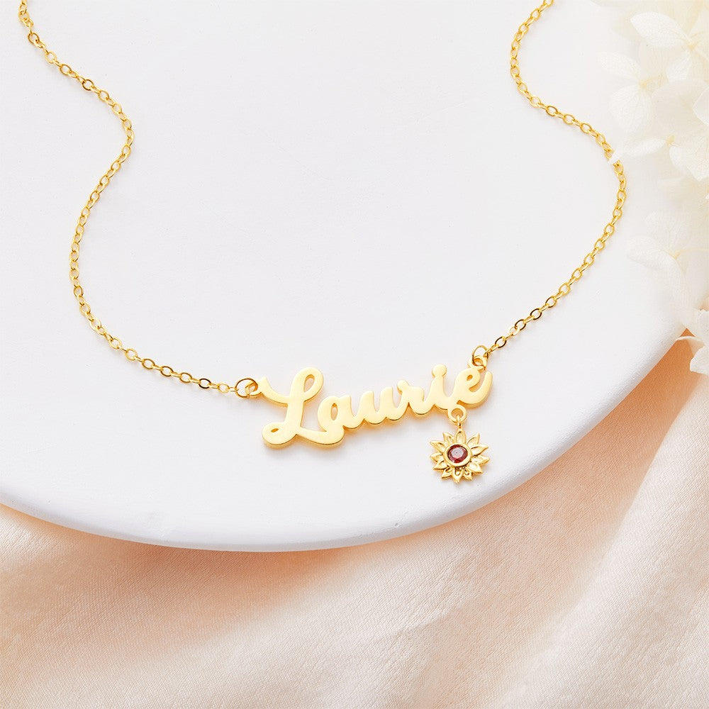 Custom Name Necklace with Birthstone Sunflower, You Are My Sunshine Nameplate Necklace, Birthday/Valentine's Day/Mother's Day Gift for Her/Mom/Family