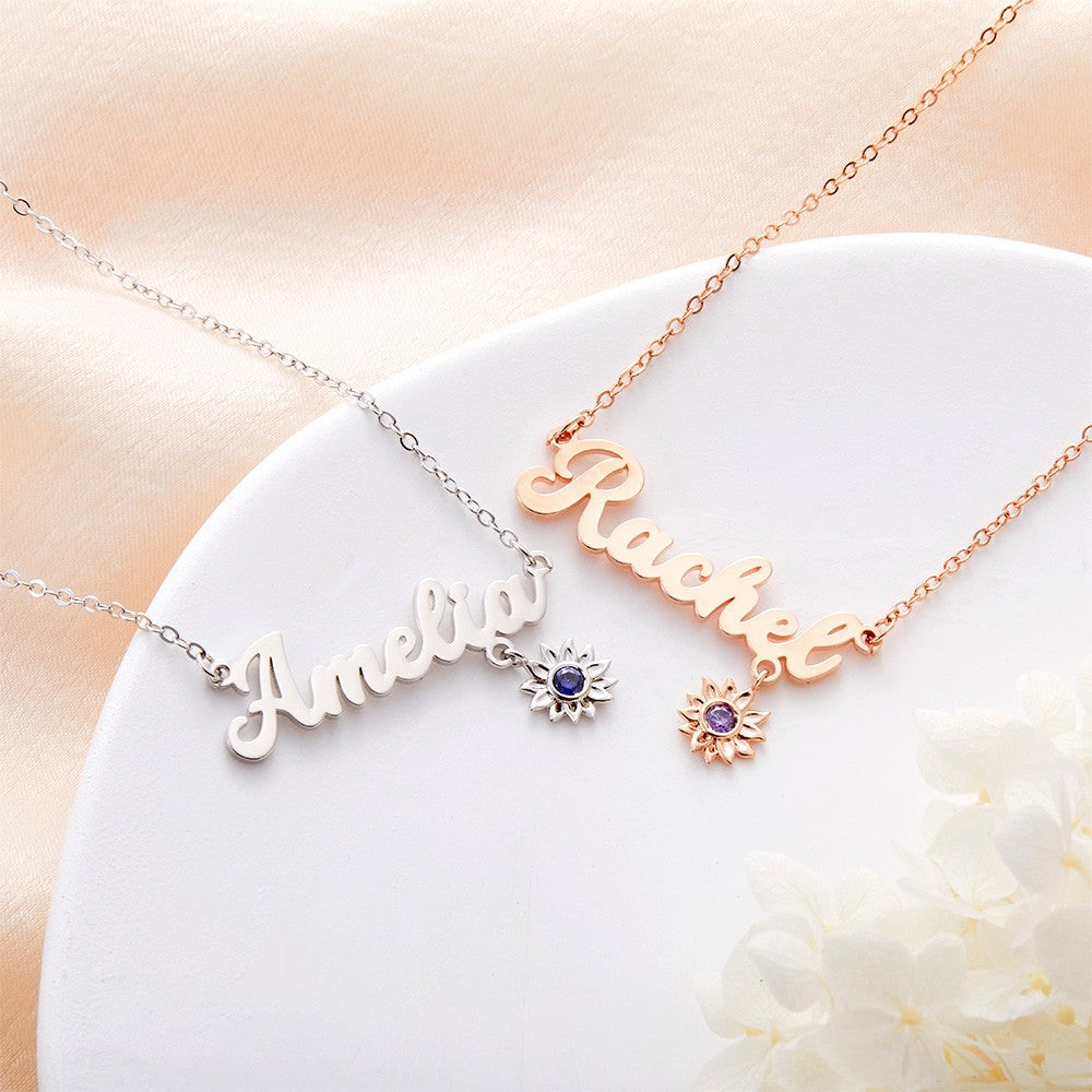 Custom Name Necklace with Birthstone Sunflower, You Are My Sunshine Nameplate Necklace, Birthday/Valentine's Day/Mother's Day Gift for Her/Mom/Family