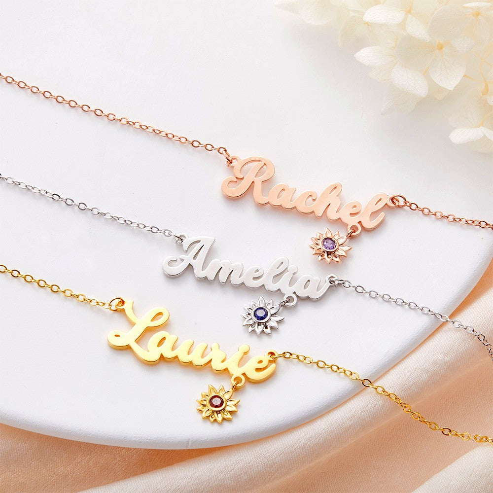 Custom Name Necklace with Birthstone Sunflower, You Are My Sunshine Nameplate Necklace, Birthday/Valentine's Day/Mother's Day Gift for Her/Mom/Family