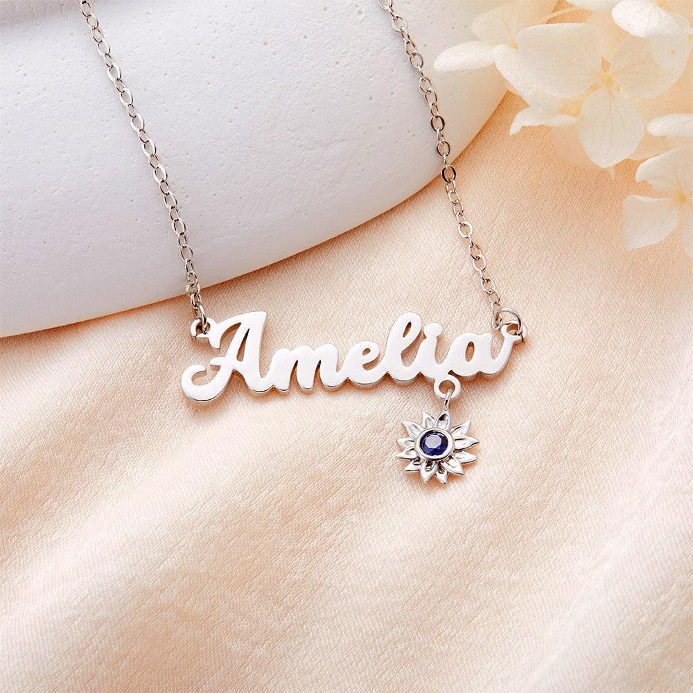 Custom Name Necklace with Birthstone Sunflower, You Are My Sunshine Nameplate Necklace, Birthday/Valentine's Day/Mother's Day Gift for Her/Mom/Family