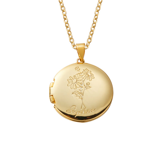 Personalized Birth Flower Locket Necklace with Memorial Photo, Custom Name Engraved Sterling Silver Necklace for Women, Gift for Mom/Grandma/Family