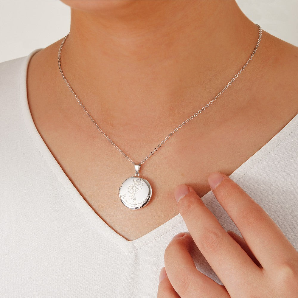 Personalized Birth Flower Locket Necklace with Memorial Photo, Custom Name Engraved Sterling Silver Necklace for Women, Gift for Mom/Grandma/Family