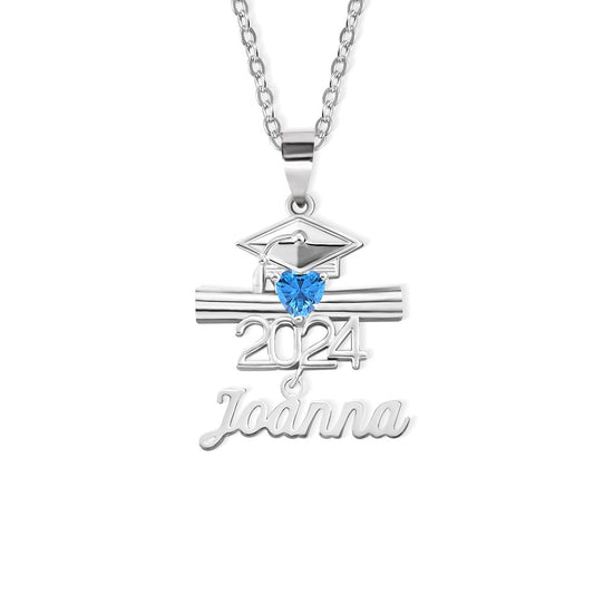 Personalized Name Birthstone Bachelor Cap Necklace, Class of 2024 Graduation Cap & Diploma Heart Pendant Necklace, Graduation Gift for Students