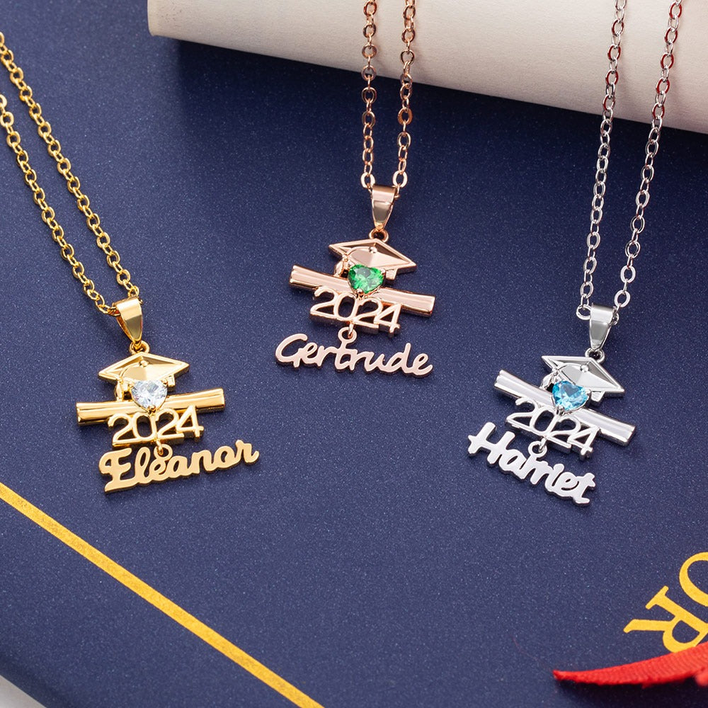 Personalized Name Birthstone Bachelor Cap Necklace, Class of 2024 Graduation Cap & Diploma Heart Pendant Necklace, Graduation Gift for Students