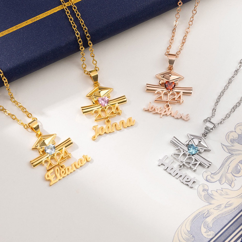 Personalized Name Birthstone Bachelor Cap Necklace, Class of 2024 Graduation Cap & Diploma Heart Pendant Necklace, Graduation Gift for Students