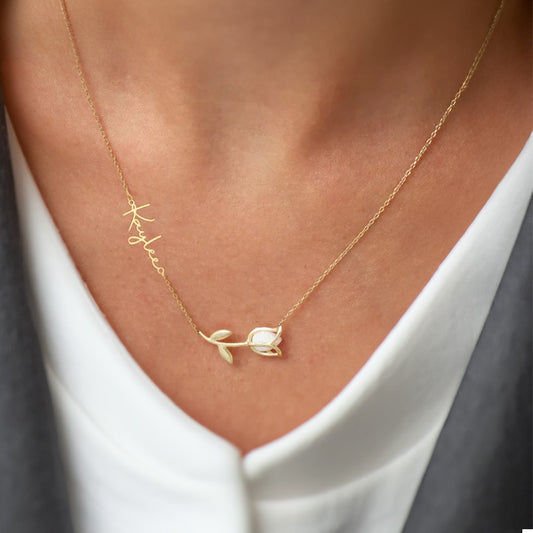 Personalized 3D Tulip Pendant with Birthstone, Custom Sideway Name Sterling Silver Necklace, Minimalism Jewelry, Birthday/Anniversary Gift for Her