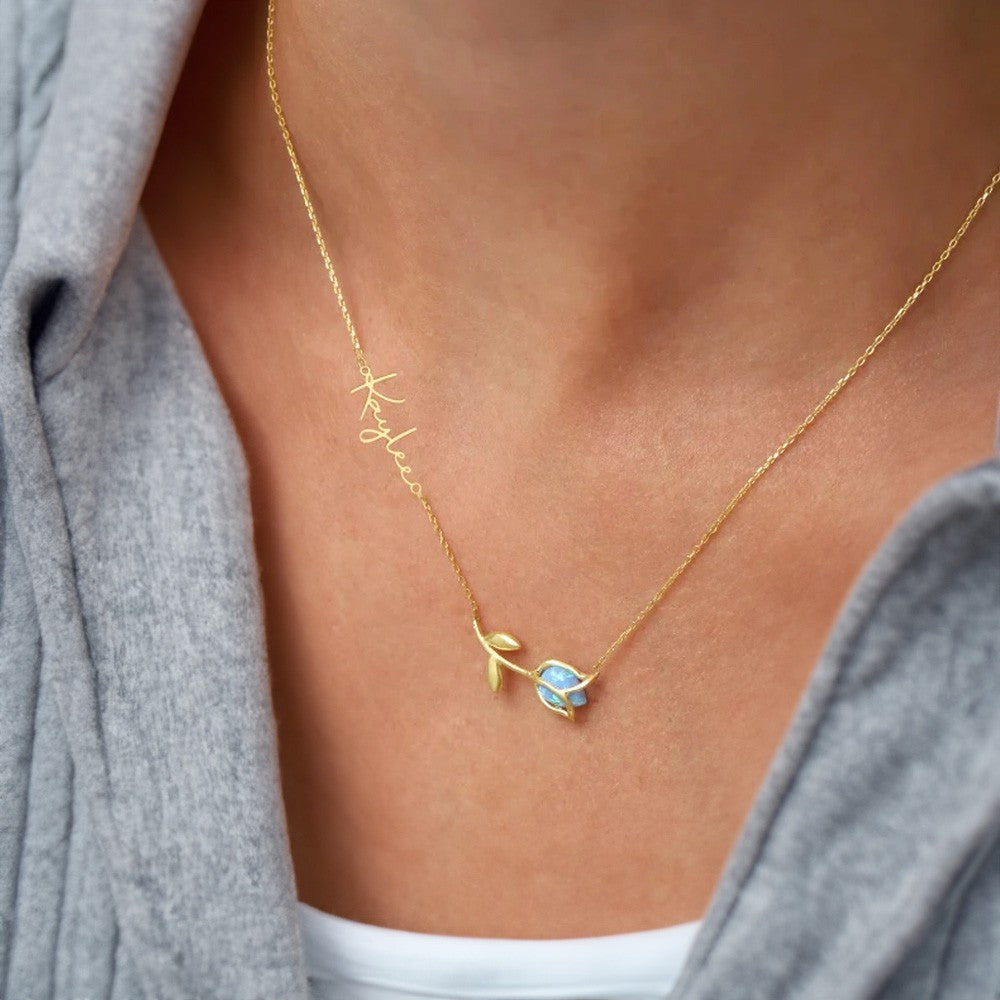 Personalized 3D Tulip Pendant with Birthstone, Custom Sideway Name Sterling Silver Necklace, Minimalism Jewelry, Birthday/Anniversary Gift for Her