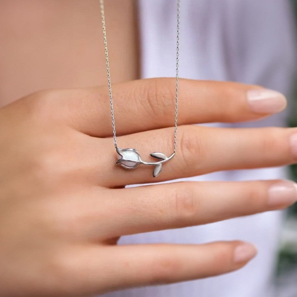 Personalized 3D Tulip Pendant with Birthstone, Custom Sideway Name Sterling Silver Necklace, Minimalism Jewelry, Birthday/Anniversary Gift for Her