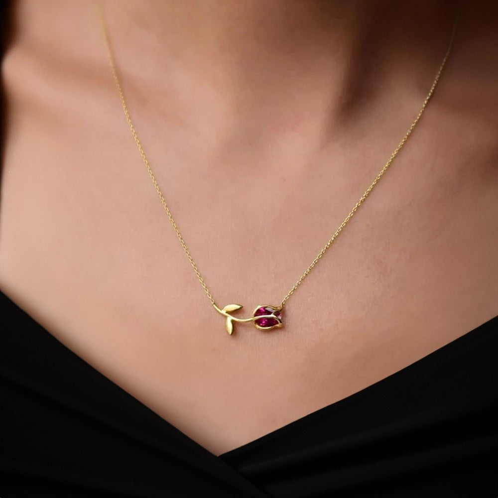 Personalized 3D Tulip Pendant with Birthstone, Custom Sideway Name Sterling Silver Necklace, Minimalism Jewelry, Birthday/Anniversary Gift for Her