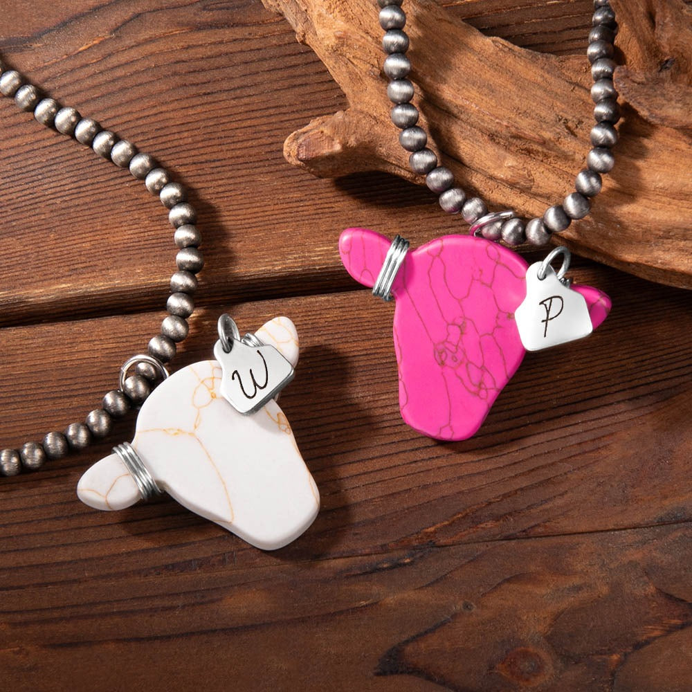 Personalized Western Cow Head & Navajo Style Pearl Necklace with Engraved Initial Cow Ear Tag Pendant, Western Jewelry, Gift for Cow Lover