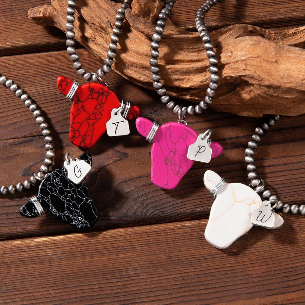 Personalized Western Cow Head & Navajo Style Pearl Necklace with Engraved Initial Cow Ear Tag Pendant, Western Jewelry, Gift for Cow Lover