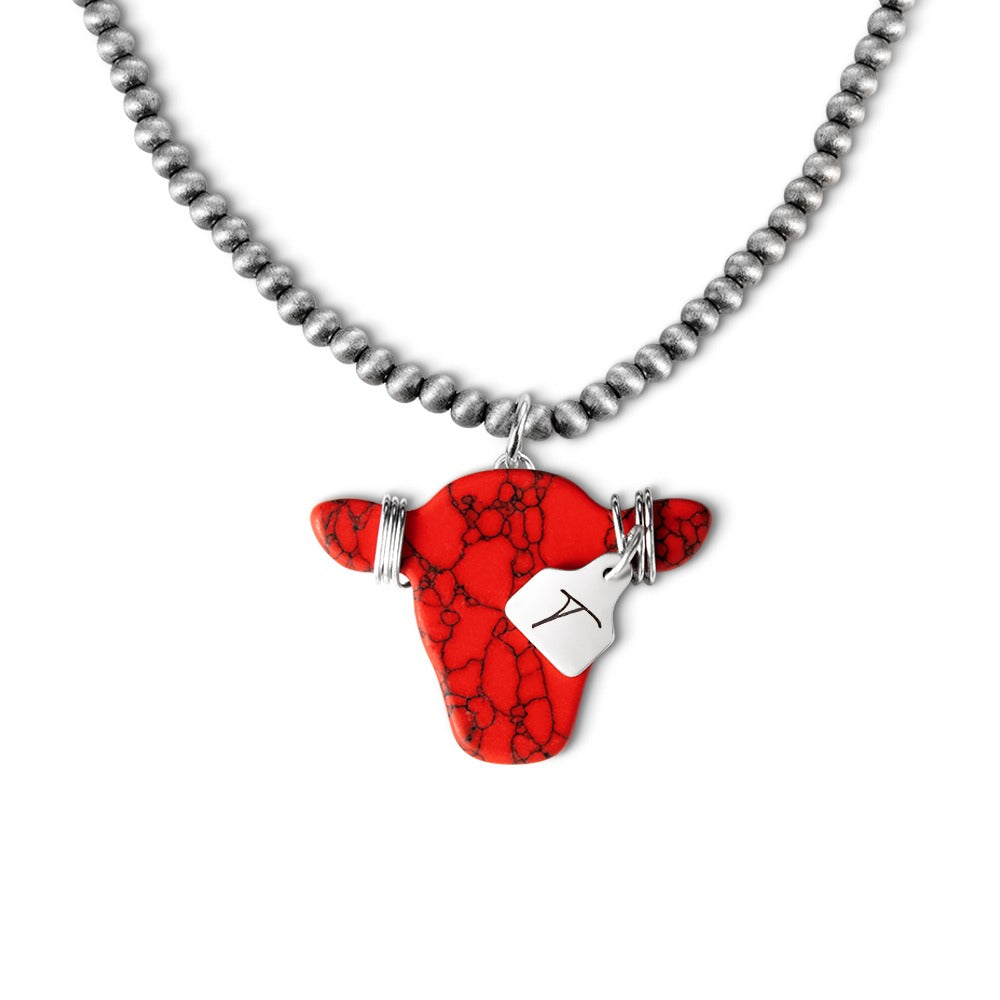 Personalized Western Cow Head & Navajo Style Pearl Necklace with Engraved Initial Cow Ear Tag Pendant, Western Jewelry, Gift for Cow Lover