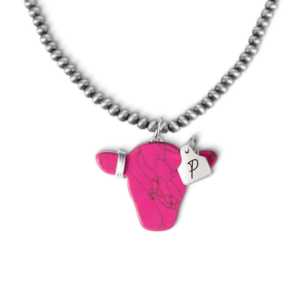 Personalized Western Cow Head & Navajo Style Pearl Necklace with Engraved Initial Cow Ear Tag Pendant, Western Jewelry, Gift for Cow Lover