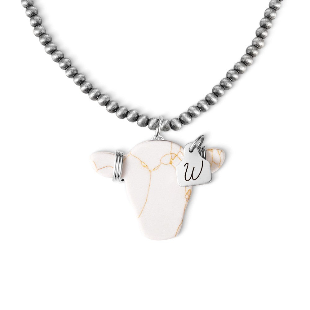 Personalized Western Cow Head & Navajo Style Pearl Necklace with Engraved Initial Cow Ear Tag Pendant, Western Jewelry, Gift for Cow Lover