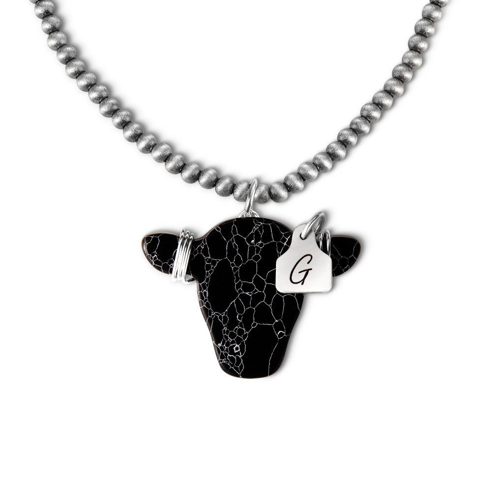 Personalized Western Cow Head & Navajo Style Pearl Necklace with Engraved Initial Cow Ear Tag Pendant, Western Jewelry, Gift for Cow Lover
