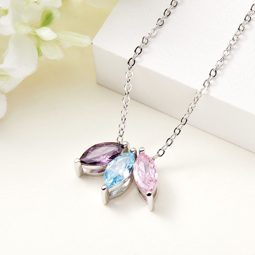 Personalized Marquise Birthstones Pendant Necklace, Custom Family Birthstone Silver Jewelry, Mother's Day Gift, Gift for Mom/Grandmom/Her