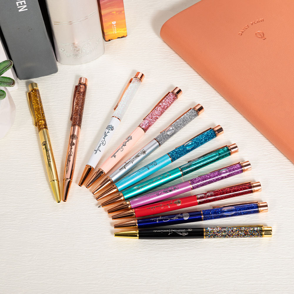 Custom Engraved Name Birth Flower Floating Glitter Pens, Bling Dynamic Liquid Sand Pens Set of 2, Graduation/Appreciation Gifts for Students/Teachers